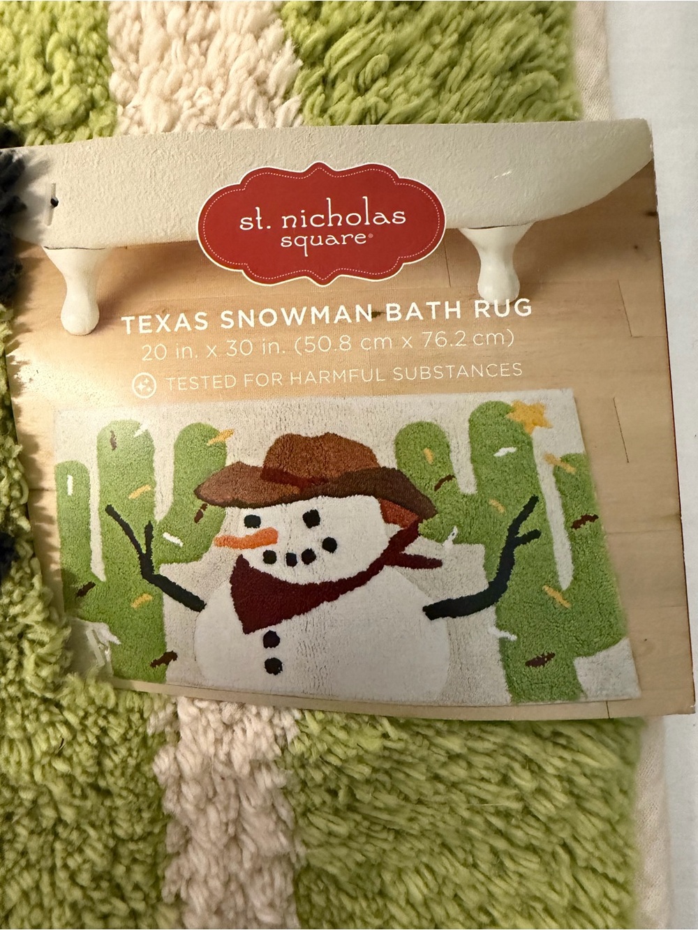 St. Nicholas Square Green and White Texas Snowman Bath Rug